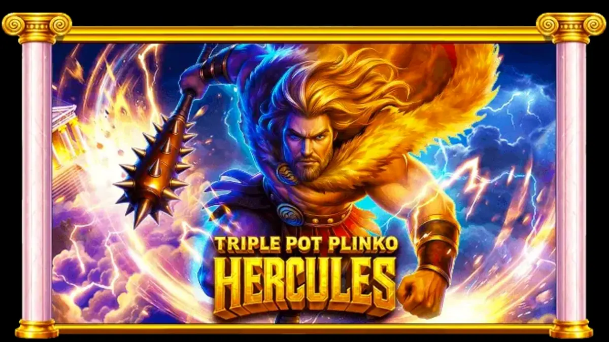 Tampilan visual slot Triple Pot Plinko – Hercules dengan latar belakang Gunung Olympus yang megah