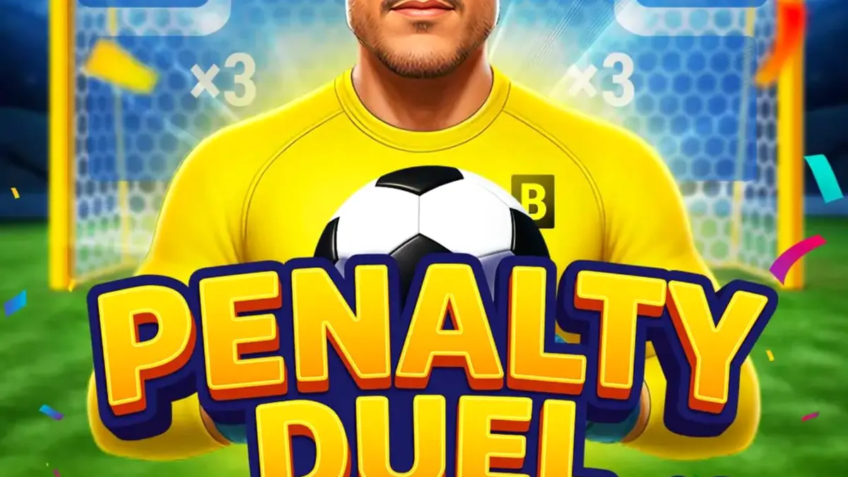 Tampilan antarmuka permainan slot Penalty Duel with Júlio César dengan latar belakang stadion sepak bola.