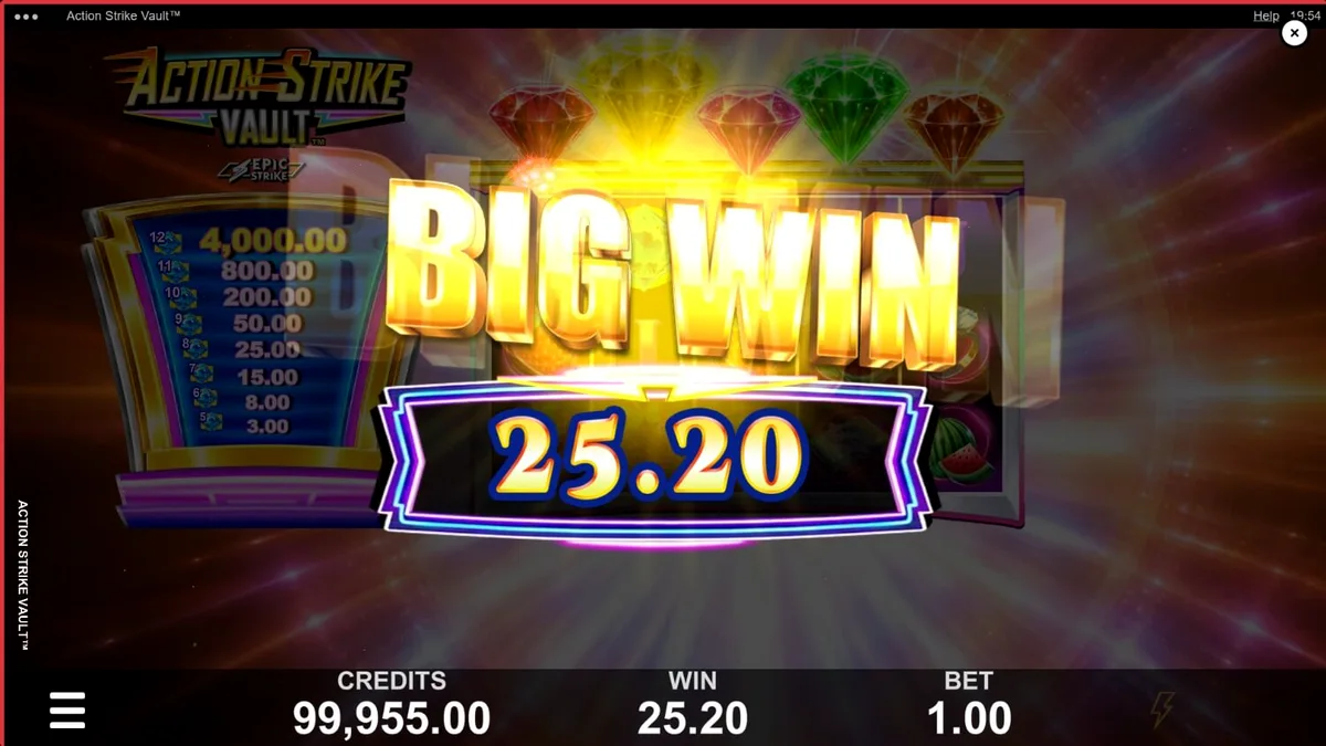 Tampilan visual neon dan kosmik dari slot Action Strike Vault